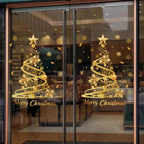Christmas Window Stickers Gold Static Cling Xmas Tree Snowflakes Stars Glass Door Decals Festive Party Home Decor