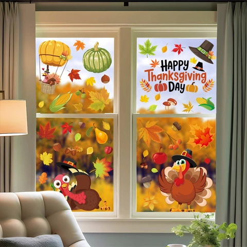 Thanksgiving Window Clings Static Stickers Double Sided Turkey Pumpkin Maple Leaf Autumn Harvest Decor Glass Decals