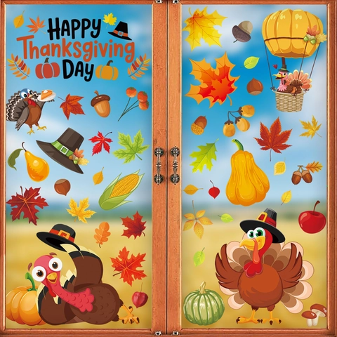 Thanksgiving Window Clings Static Stickers Double Sided Turkey Pumpkin Maple Leaf Autumn Harvest Decor Glass Decals