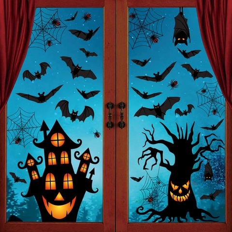 Halloween Fensterbilder Doppelseitig Statische PVC Aufkleber Fledermaus Spinnennetz Schloss Geist Baum Party Deko