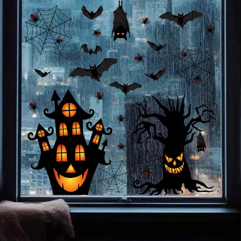 Halloween Fensterbilder Doppelseitig Statische PVC Aufkleber Fledermaus Spinnennetz Schloss Geist Baum Party Deko