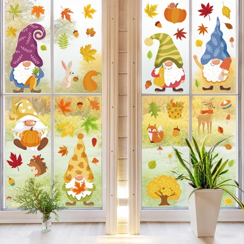 Thanksgiving Window Clings Autumn Static Stickers Double Sided Gnomes Pumpkin Maple Leaf For Glass Door Decor