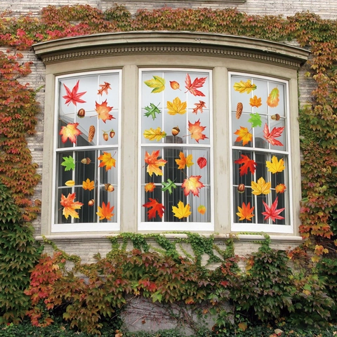 Thanksgiving Window Clings Autumn Maple Leaf Pumpkin Gnome Static Stickers Double Sided Home Decor Removable Harvest