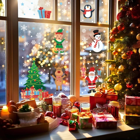Adesivi Finestra Natale Statici PVC Doppia Faccia Fiocco Neve Babbo Natale Pupazzo Neve Decorazione Vetro Casa