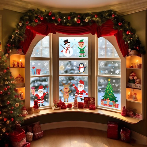 Adesivi Finestra Natale Statici PVC Doppia Faccia Fiocco Neve Babbo Natale Pupazzo Neve Decorazione Vetro Casa