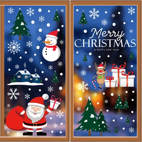 Christmas Window Clings Static Film Santa Snowman Reindeer Snowflake Double Sided Removable Holiday Home Decor
