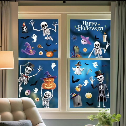Halloween Window Clings Static Stickers Double Sided Cartoon Ghost Pumpkin Skeleton Bat Party Decor PVC Home Decoration