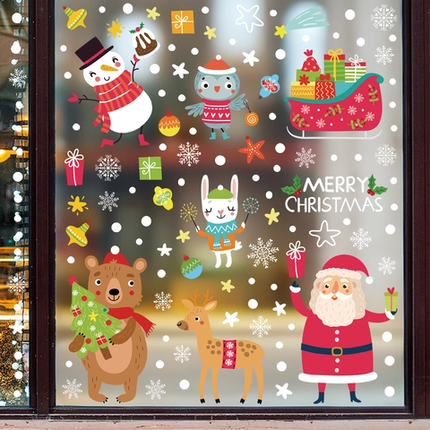 Christmas Window Clings Static PVC Stickers Double Sided Santa Claus Reindeer Snowflake Holiday Glass Decor