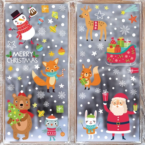 Christmas Window Clings Static PVC Stickers Double Sided Santa Claus Reindeer Snowflake Holiday Glass Decor