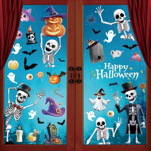 Halloween Window Clings Static Stickers Double Sided Cartoon Ghost Pumpkin Skeleton Bat Party Decor PVC Home Decoration