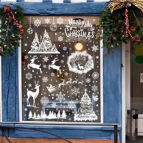 White Snowflake Christmas Window Clings Reindeer Santa Claus Static PVC Double Sided Glass Decals Holiday Party Home Decor