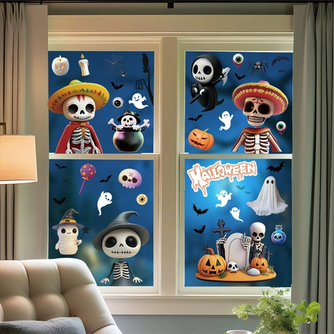 Halloween Window Clings Static Adsorption PVC Stickers Double Sided Pumpkin Skeleton Ghost For Party Glass Decor