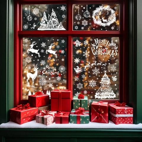 White Snowflake Christmas Window Clings Reindeer Santa Claus Static PVC Double Sided Glass Decals Holiday Party Home Decor