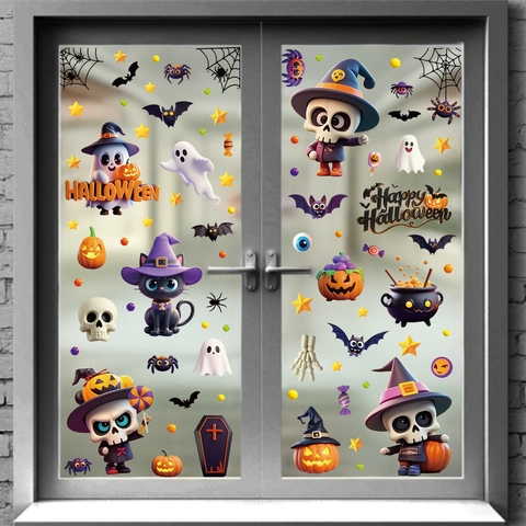 Halloween Window Clings Static PVC Stickers Double Sided Skeleton Ghost Pumpkin Spider Web Decoration Cartoon