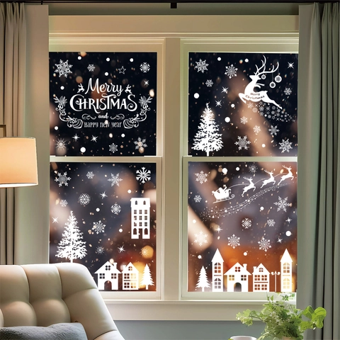 Pegatinas Ventana Navidad Copo Nieve Blanco Reno Adhesión Estática Calcomanías Decoración Vidrio Doble Cara PVC