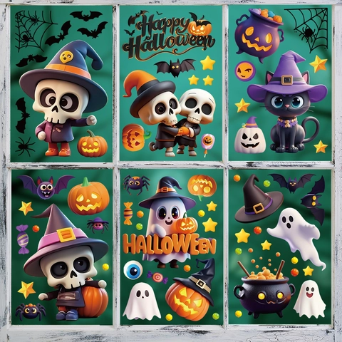 Halloween Window Clings Static PVC Stickers Double Sided Skeleton Ghost Pumpkin Spider Web Decoration Cartoon