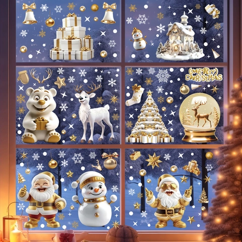Christmas Window Clings Double Sided Gold White Static Stickers Santa Snowman Reindeer Snowflake Glass Decals Holiday Decoration