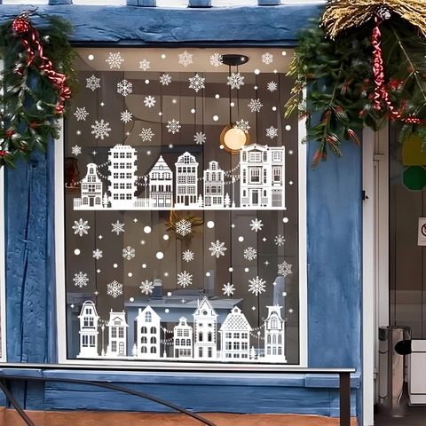 Pegatinas de Ventana de Navidad Blancas Copos de Nieve Estáticos Siluetas de Ciudad Pegatinas de Doble Cara para Puertas de Vidrio Decoración Hogar