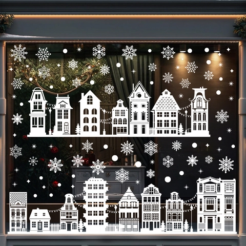 Pegatinas de Ventana de Navidad Blancas Copos de Nieve Estáticos Siluetas de Ciudad Pegatinas de Doble Cara para Puertas de Vidrio Decoración Hogar