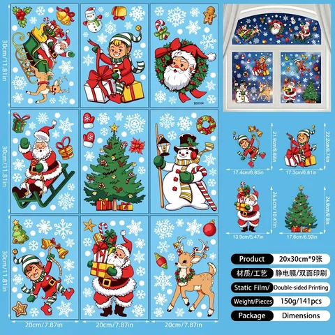 Christmas Static Window Stickers PVC Double Sided Glass Decals Santa Claus Reindeer Gingerbread Man Halloween Decoration