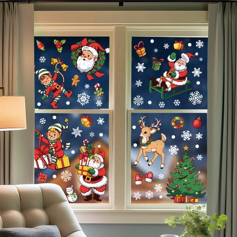 Adhesivos de Ventana de Navidad a Doble Cara Papá Noel Muñeco de Nieve Árbol de Navidad Pegatinas Estáticas Para Vidrio Hogar Fiesta