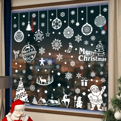 Weiße Weihnachten Fensterbilder Statische Aufkleber PVC Rentier Schneeflocke Weihnachtsmann Muster Doppelseitige Dekorative Glasaufkleber Für Urlaub Party Haus Geschäft