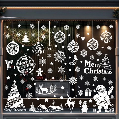 Weiße Weihnachten Fensterbilder Statische Aufkleber PVC Rentier Schneeflocke Weihnachtsmann Muster Doppelseitige Dekorative Glasaufkleber Für Urlaub Party Haus Geschäft