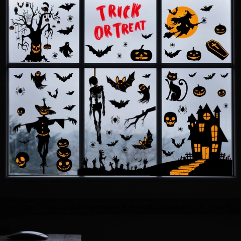Halloween Window Clings Double Sided Static PVC Stickers Pumpkin Ghost Witch Bat Spider Web Party Glass Decoration