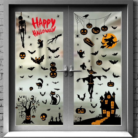 Halloween Fensterbilder Beidseitig Statische PVC Aufkleber Kürbis Geist Hexe Fledermaus Spinne Party Glasdeko