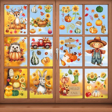 Pegatinas Ventana Otoño Decoraciones Acción Gracias Calabaza Hojas Arce Calcomanías Estáticas Doble Cara Vidrio
