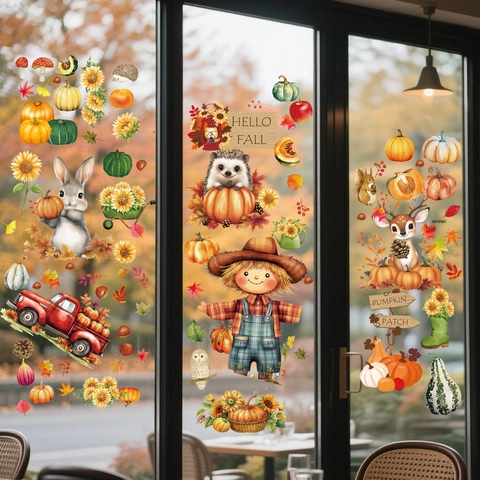 Pegatinas Ventana Otoño Decoraciones Acción Gracias Calabaza Hojas Arce Calcomanías Estáticas Doble Cara Vidrio