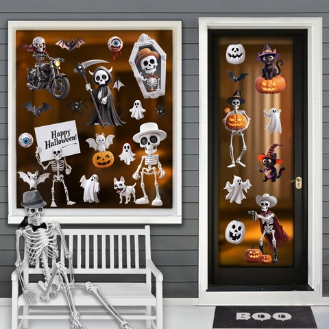Halloween Window Clings PVC Static Stickers Skeleton Ghost Pumpkin Decals Double Sided Cartoon Holiday Party Decor