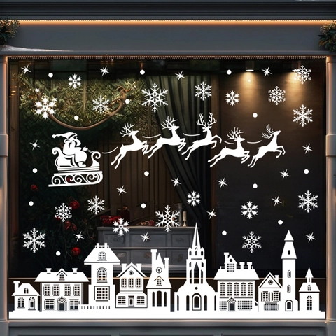 Christmas Window Clings White Static Stickers Snowflake Santa Reindeer Town PVC Double Sided Glass Decor Holiday Home