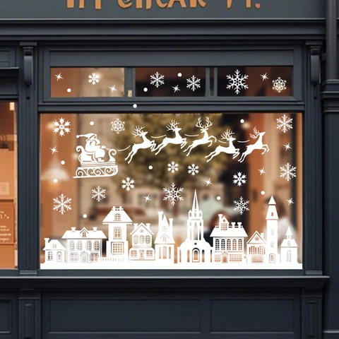 Christmas Window Clings White Static Stickers Snowflake Santa Reindeer Town PVC Double Sided Glass Decor Holiday Home