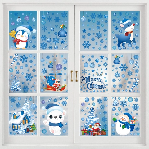 Adesivi per Finestre di Natale per Vetro Blu Bianco Cartone Animato Babbo Natale Pupazzo di Neve Fiocco di Neve Renna per Decorazione Festa
