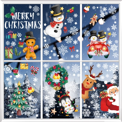Adesivi Statici Per Finestre Di Natale Doppia Faccia PVC Babbo Natale Pupazzo Di Neve Renna Fiocco Di Neve Decorazione Finestre Casa Negozio