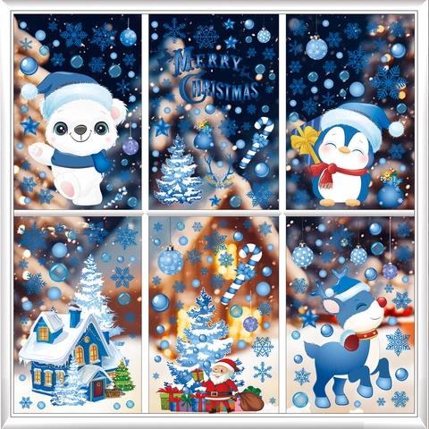 Adesivi per Finestre di Natale per Vetro Blu Bianco Cartone Animato Babbo Natale Pupazzo di Neve Fiocco di Neve Renna per Decorazione Festa