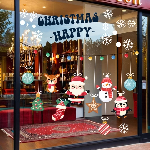 Adesivi Finestra Natale Statici PVC Doppia Faccia Babbo Natale Renna Pupazzo Di Neve Fiocchi Per Porte Vetro