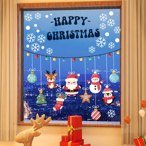 Adesivi Finestra Natale Statici PVC Doppia Faccia Babbo Natale Renna Pupazzo Di Neve Fiocchi Per Porte Vetro