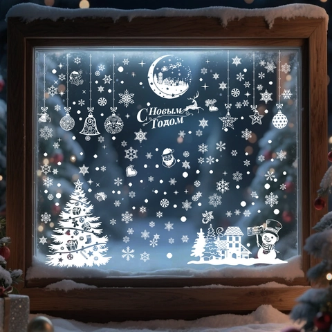 Pegatinas Estáticas para Ventana de Navidad Año Nuevo PVC Blanco Doble Cara Copo de Nieve Reno para Hogar Tienda
