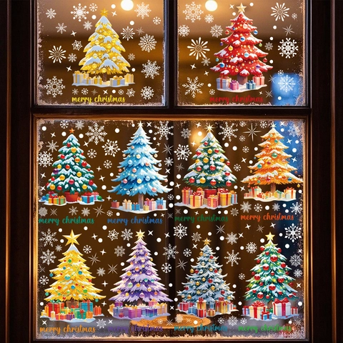 Christmas Window Clings PVC Static Stickers Double Sided Snowflake Colorful Christmas Tree Decor For Glass Showcase