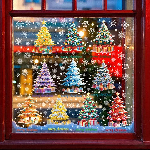 Christmas Window Clings PVC Static Stickers Double Sided Snowflake Colorful Christmas Tree Decor For Glass Showcase