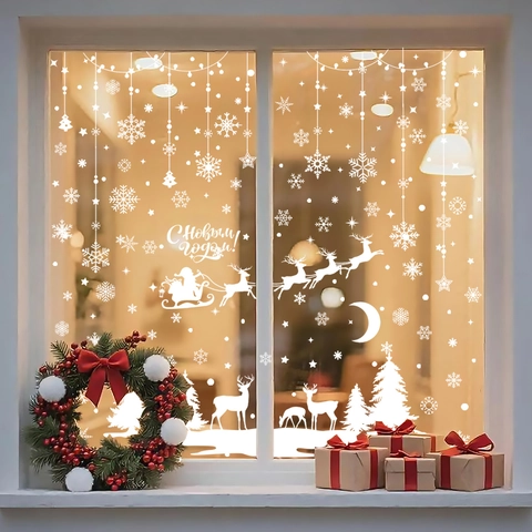 Pegatinas Navidad Para Ventanas Estática PVC Reutilizable Copos De Nieve Papá Noel Reno Decoración Hogar
