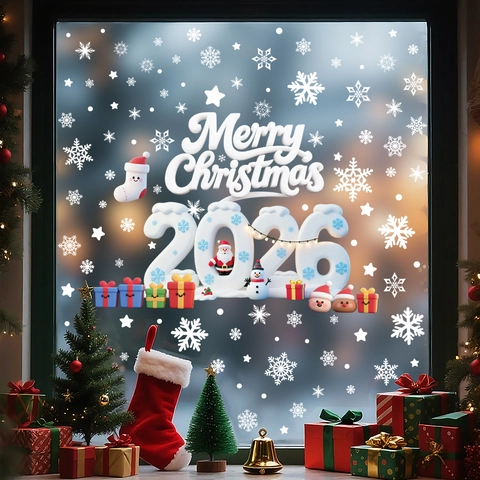 Pegatinas Estáticas para Ventana de Navidad Efecto 3D 2026 Decoración Cristal Año Nuevo Feliz Navidad Papá Noel Copo de Nieve