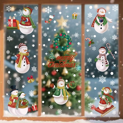 Christmas Window Stickers Static Cling Decals PVC Snowman Snowflake Double Sided Glass Door Decoration Winter Holiday Party