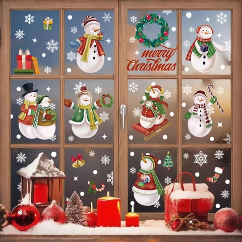 Christmas Window Stickers Static Cling Decals PVC Snowman Snowflake Double Sided Glass Door Decoration Winter Holiday Party