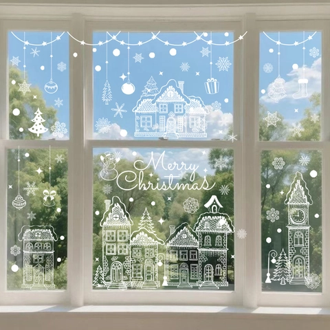 Weihnachtsfensterbilder Doppelseitig Statikfolie Schneeflocke Schneemann Stadt Weiß Feiertagsdekoration Für Glasoberflächen