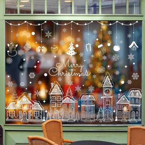 Weihnachtsfensterbilder Doppelseitig Statikfolie Schneeflocke Schneemann Stadt Weiß Feiertagsdekoration Für Glasoberflächen