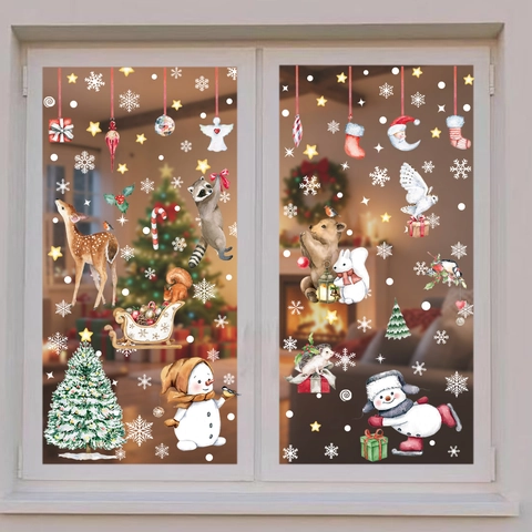 Christmas Window Clings PVC Static Stickers Snowflake Snowman Reindeer Watercolor Animal Double Sided Holiday Decor