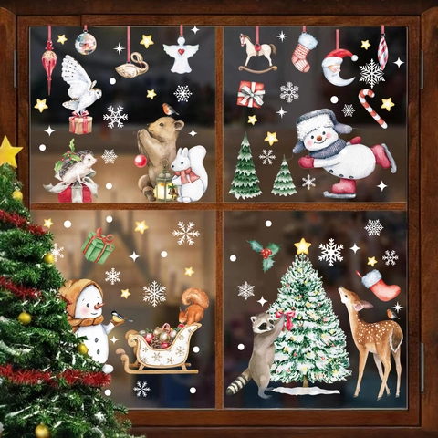 Christmas Window Clings PVC Static Stickers Snowflake Snowman Reindeer Watercolor Animal Double Sided Holiday Decor